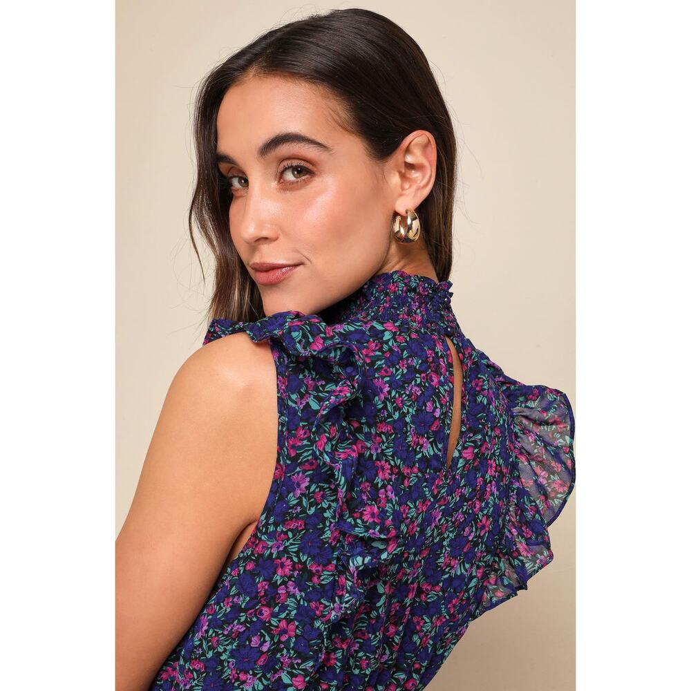 Lulus Evalina Navy Blue Floral Print Mock Neck Sleeveless Ruffle Midi Dress XS - Picture 2 of 16